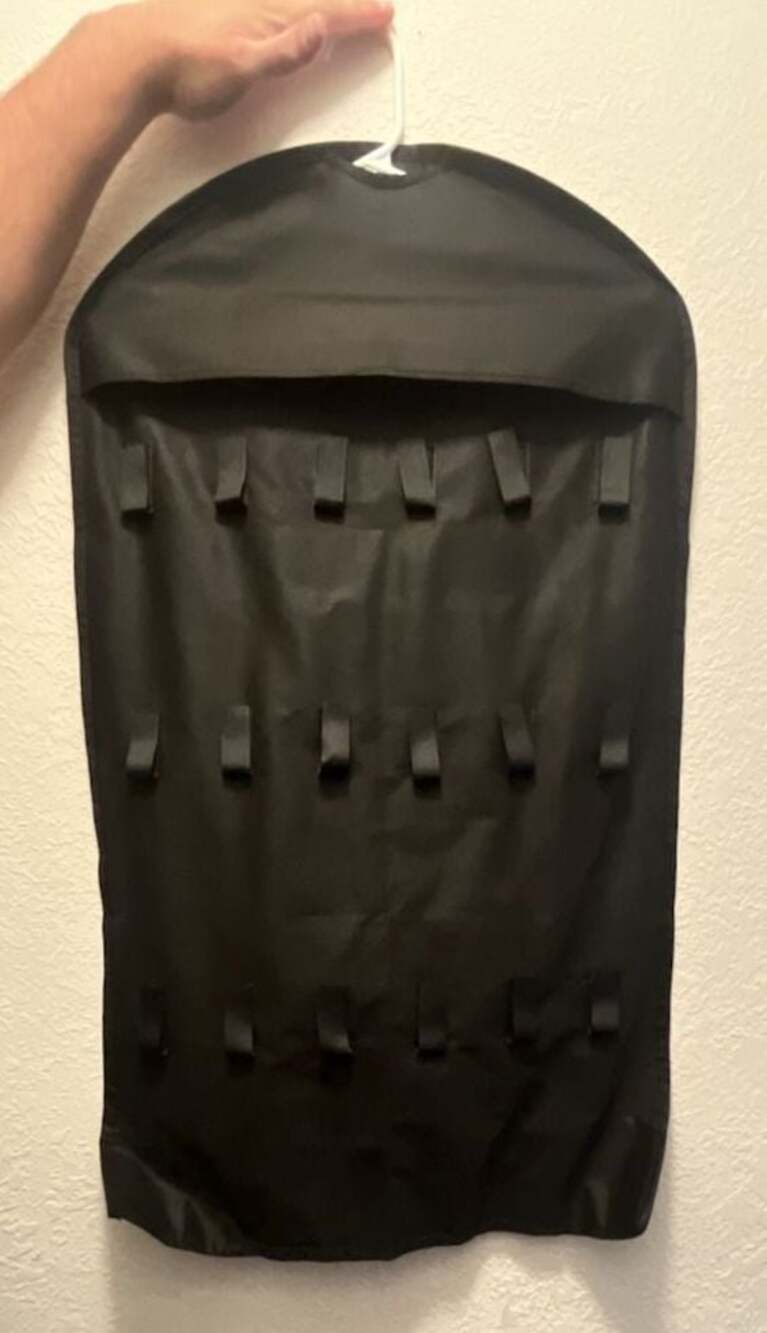 Double-Sided Hanging Jewelry Organizer with Clear Pockets and Necklace Hooks